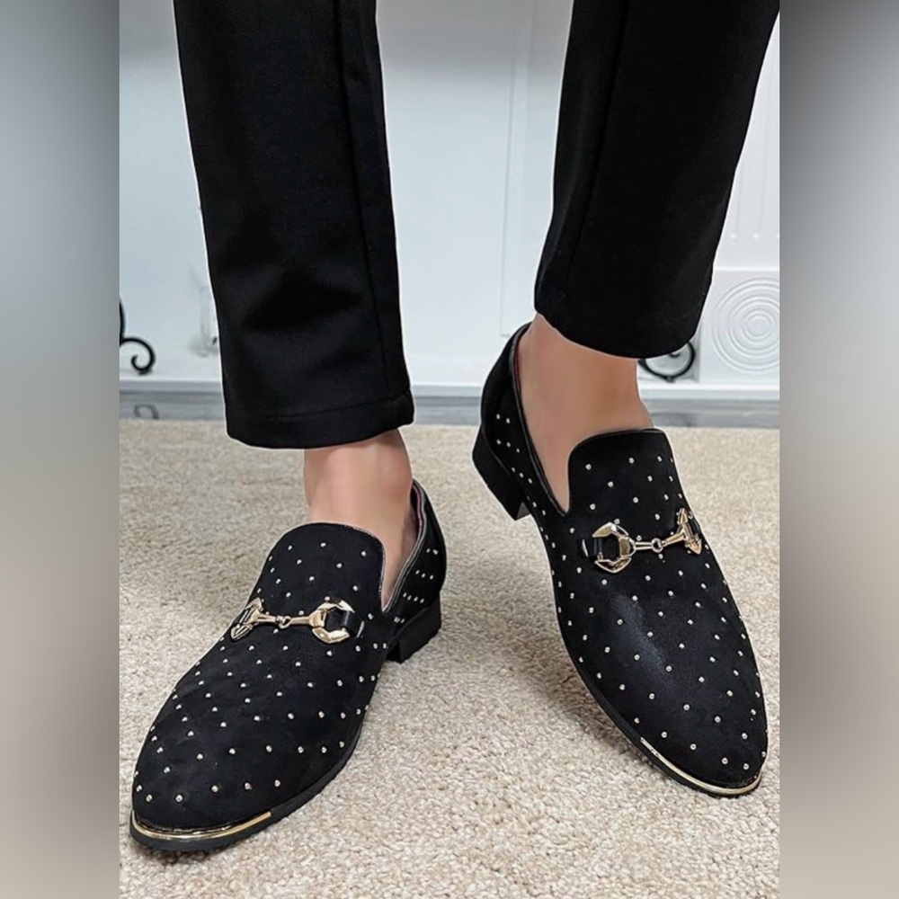 BLACK VELVET STUDDED LOAFERS Men's Loafer Gold Buckle Slip On Shoe Horsebit